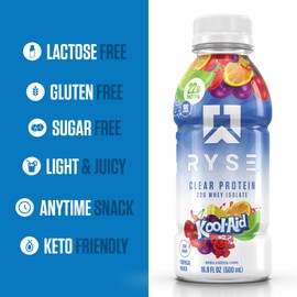 RYSE Up Supplements RYSE Clear Whey Isolate Protein Shake, Kool-Aid Tropical Punch, 100 Calories, 22g Protein, Sugar Free, 0g Fat, Lactose Free, 16.9 fl oz (12 pack)