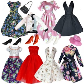 Eledoll Fashion Pack Clothes for 11.5 inch Fashion Doll Vintage Style 1950's 1960's Dresses Peasant Plaid Vintage Floral