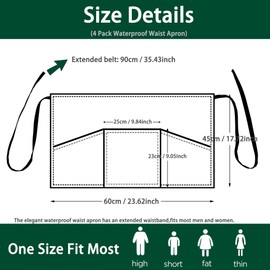 umboom 4 Pack Black Waterproof Waist Apron, Short Work Apron with 3 Pockets for Women Men Waitress Waiter Chef Cooking Baking Gardening Kitchen Restaurant Bar Bistro (Water Resistant)