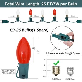 C9 Christmas Outdoor String Lights 25 Feet Vintage Christmas Tree Lights with 26 7W Red White Glass Bulbs(1 Spare), Connectable Hanging Lights for Backyard Patio Balcony Xmas Decor, Green Wire