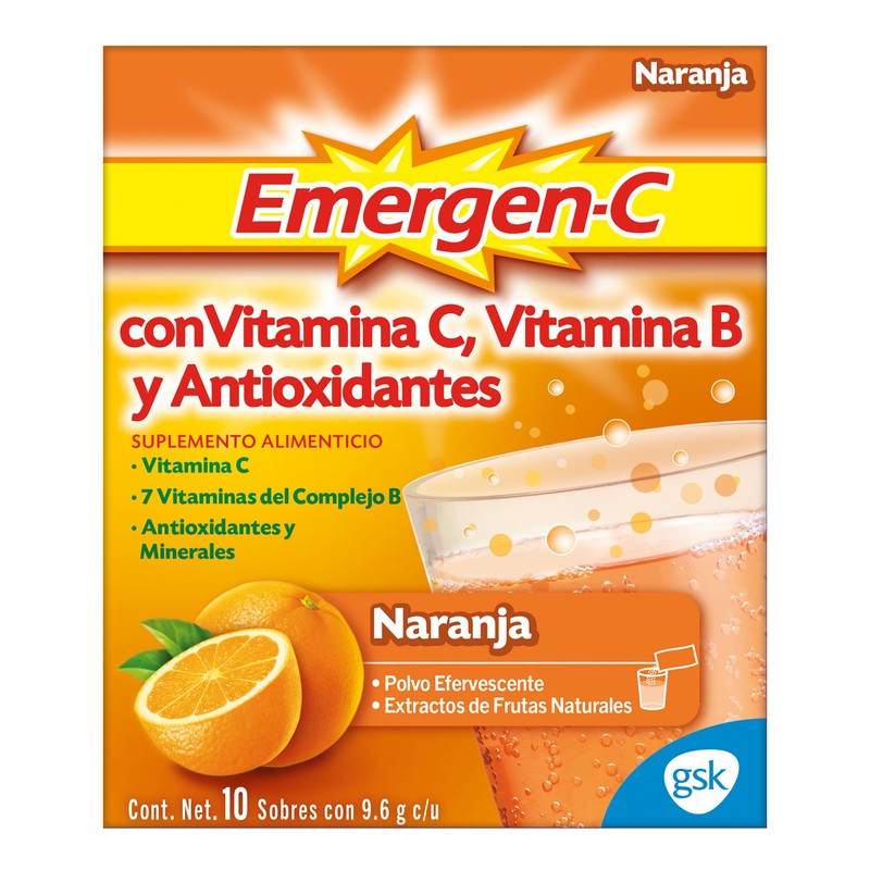 Emergen-C Suplemento Alimenticio Polvo Efervescente Sabor Naranja Caja con 10