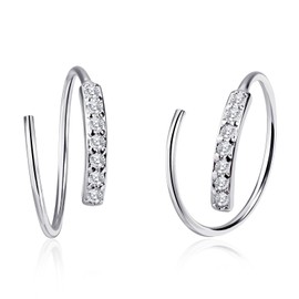 Sterling Silver Double Hoop Earrings for Single Piercing - Silver Small Spiral Twist Hoop Earrings for Women, Cartilage Earring with CZ Stones