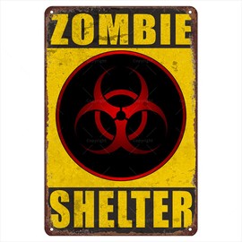 Zombie Shelter Tin Sign - Vintage Retro Warning Sign, 12" X 8" - Rustic Wall Decor For Home, Garage, Man Cave, Or Office - Gift For Zombie Fans And Survivalists.