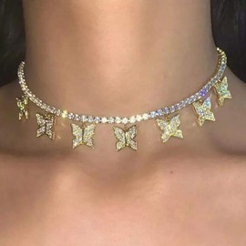 Chennie Rhinestone Choker Necklaces Gold Crystal Butterfly Choker Necklace Fashion Clavicle Chain Party Bling Chain Jewerly for Women and Girls