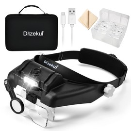Dilzekui Magnifying Glass with Light 1X to 14X, Rechargeable Magnifying Glasses, Head Mount Manifying Glass, Headset Magnifier with Detachable Lens, Headband Magnifier for Close Work Jewelers Crafts