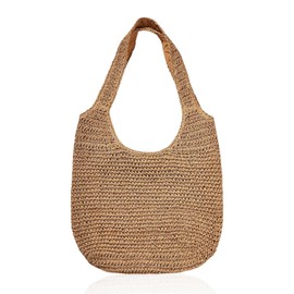 GVSAVY 1 Ladies Straw Bag, Summer Beach Bag, Handwoven Tote Bag, Retro Shoulder Bag, Large Capacity Shopping Bag, Good for work, beach trip, vacation (khaki)