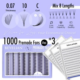 BEYELIAN Premade Volume Eyelash Extensions Mixed Tray 1000 Fans 9-16mm 0.07mm 10D C Curl Premade Fans Eyelash Extensions Handmade Promade Loose Fans Thin Base