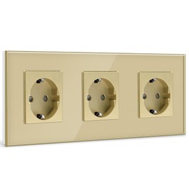 BSEED Glass Schuko Socket, 3-Way Crystal Glass Panel Socket, Triple Socket, Extension Sockets, Wall Socket, 16 A Socket, 228 mm, Gold