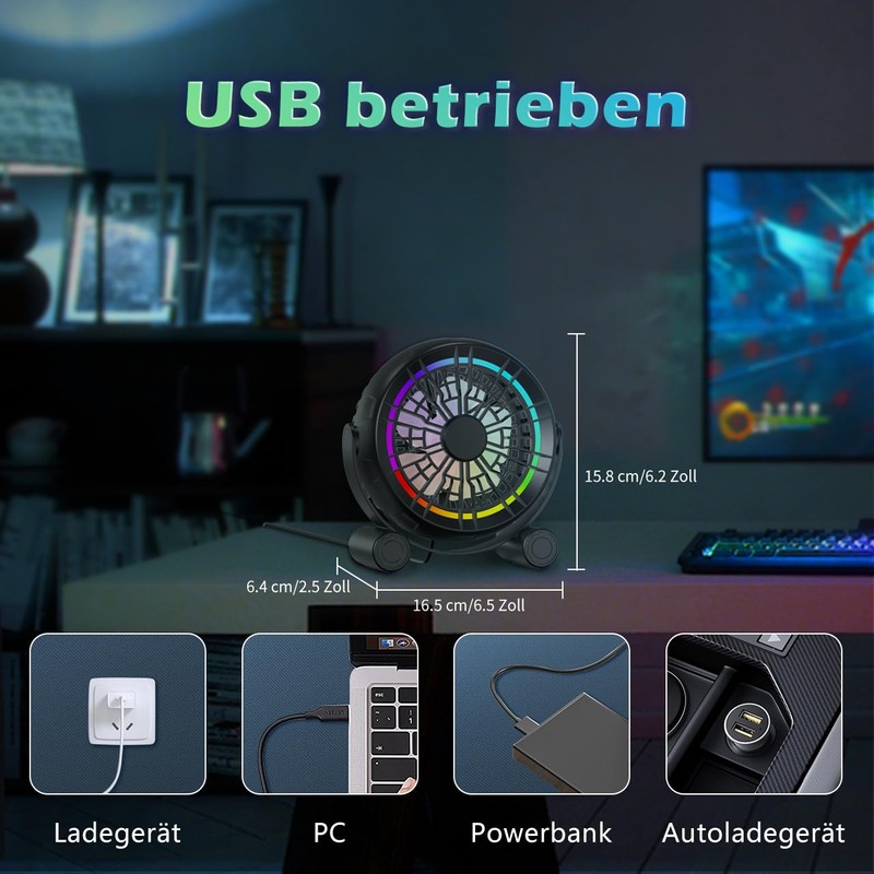 Punoge USB RGB Desk Fan - 3 Speeds Quiet Portable