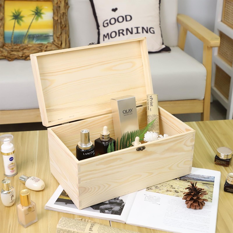 JJSQ Large Wooden Storage Box with Hinged Lid Rectangle Unfinished