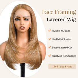 Aminow Honey Blonde 13x6 Lace Front Wig Synthetic HUMAN-HAIR-TOUCH Layered Straight Lace Frontal Wig Pre Plucked Glueless Highlight Long Blonde Wig for Women 22 Inch