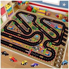 Kids Car Rug for Play Toy Cars, Race Track Playmat Carpet Kid Play Road Rug for Playroom Classroom Kids Room,Karting Road Racing Track Floor Mat Rug for Bedroom Nursery Toddlers 2.6x3.9ft