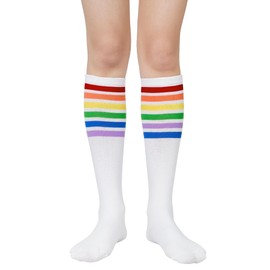 Zando Rainbow Striped Knee High Socks for Women Pride Colorful Knee High stockings Over the Calf Socks Athletic Rainbow Striped White One Size