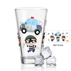 GRAVURZEILE Leonardo Water Glass with UV Print - Police 360° Design - as a Gift for Children for Children's Birthday Christmas - Suitable for Everyday Use - Suitable as Drinking Glass