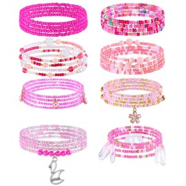 ELABEST 24-39inch African Waist Beads for Women 8Pcs Elastic Belly Beads Colorful Beaded Waist Jewelry Accessories Body Chain (Pink, 31.5inch/80cm)