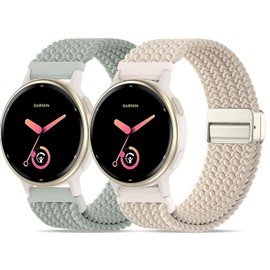 Oanux 2 Pack Magnetic Braided Compatible with Garmin Vivoactive 5 Watch Bands/Vivoactive 6/3/3 Music, 20mm Elastic Nylon Soft Sport Wristband Strap for Venu Sq 2 & Forerunner 55/165/245/645