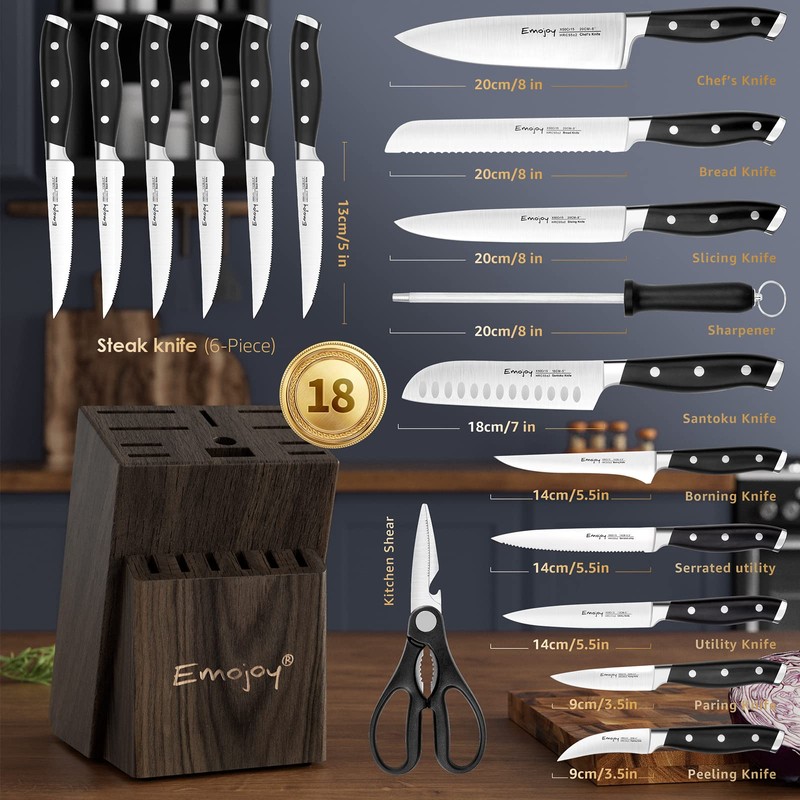 Emojoy Knife Set, 18-Piece Kitchen Knife Set with Block Wooden,