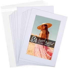 Acid Free 5 Pack 5x7 Pre-Cut Mat Board Show Kit for 4x6 Photos, Prints or Artworks, 5 Core Bevel Cut Matts and 5 Backing Boards and 5 Crystal Plastic Bags, White
