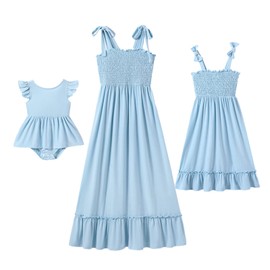 IFFEI Mommy and Me Dresses Summer Matching Outfits Spaghetti Strap Square Neck Solid Color Ruffle A Line Beach Long Maxi Dress Women XL Blue