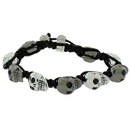 My Daily Styles Fashion Alloy Black Silver-Tone White CZ Skull Beaded Adjustable Men's Bracelet
