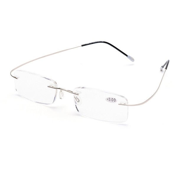 ZUVGEES Lightweight Titanium Stainless Steel Rimless Reading Glasses R1004 (Silver, 300)
