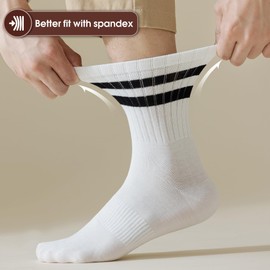WANZHIHUI 6 Pairs Mens White Stripes Socks Crew Half Calf Socks Athletic Sports Running Socks for Men Women Teens (Cotton, white x6)