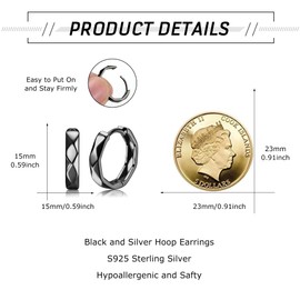 KRFY Hoops Earrings for Men 925 Sterling Silver Small Lightweight Sleep Huggie Hoop Earring High Polished Rhombus-shaped Cutting Texture Silver Black Hoop Earrings For Men Womens Inner Diameter 10MM