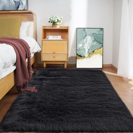 Goolela Shag Rug Faux Fur Rug 4x6 Rug Fuzzy Black Rug for Living Room Washable Area Rug for Bedroom Fluffy Faux Sheepskin Rug Home Decor, Rectangle