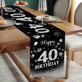 Happy 40th Birthday Table Runner Black Silver 40th Birthday Table Runner for 40 Years Old Men Women Him Her Celebrate Birthday Party Decorations Non-Slip Dining Table Linen Cloth Decor, 72 Inches Long