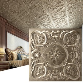 Art3dwallpanels 12 Pack Drop Ceiling Tiles, 24 x 24 Inch High Grade PVC 3D Wall Panels Vintage Flower Pattern for Interior Wall Decor, Fire Rated, Waterproof, Antique Gold