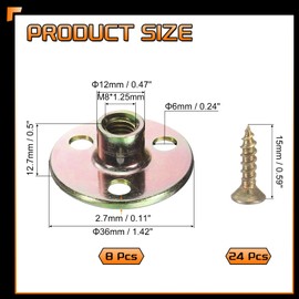 uxcell 8Pcs M8 T-Nuts, Zinc Plated Steel Brad Hole Tee Nut with Screws, 3-Hole Round Base Weld Nuts 12.7mm Height Through Hole Flange Insert Female Thread Plate Nuts, Multicolor
