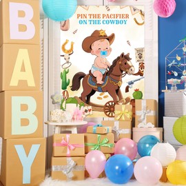 GLURUITE Pin The Pacifier On The Cowboy Baby Shower Game Include Large Poster 24 Pacifier Stickers Blindfold Game Set for Birthday Party Decor Supplies