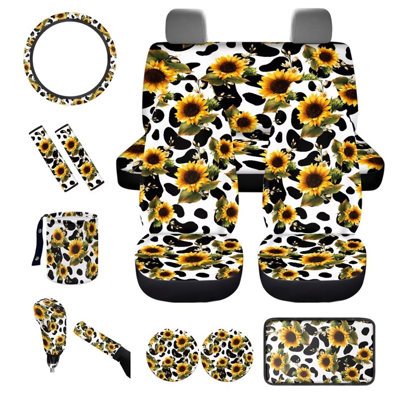 Dngkaoje Sunflower Cow Print Car Seat Cover Full Set for
