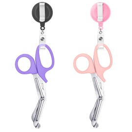 2 Pcs Nursing Scissors with 2 Pcs Retractable Badge Reels Trauma Shears Bandage Scissors for Sewing General Use (Pink Purple)