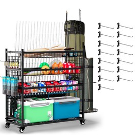ztysn Fishing Rod Storage With 15 Hooks For Garage, 45.2in Extra Large Fishing Pole Holder Gear Organizer Rack Up To 20 Rods, Tackle Box Reel Storage Cart