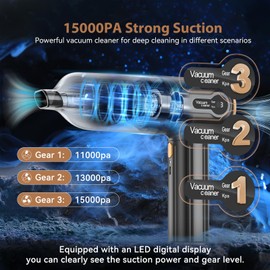 Handheld Car Vacuum Cleaner, 15000Pa Cordless Vacuum Cleaner and Air Duster, Portable Strong Suction Car Vacuum with LED Display, Rechargeable Blower Mini Vacuum Cleaner for Home Car Pet Hair Dust