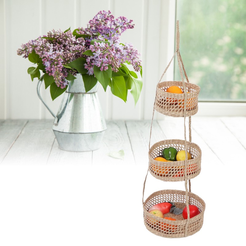 Hanging Fruit Basket Rattan 3 Tiers Multifunctional Foldable Elegant Style