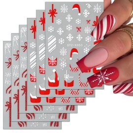 Christmas Nail Art Stickers Red Christmas Hat 3D Self-Adhesive White Snowflake Nail Decals White Snowflake Nail Design Nail Art Supplies for Women Girls New Year Nail Decoration 6 Sheets