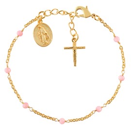 InfinityGemsArt Pink Opal Bracelets For Women October Birthstone Jewelry Micro Pink Beads Crystals and Healing Stones, Virgin Mary Jesus Christ Cross Charm Bracelet, 18K Gold Plated Chain 8 inch