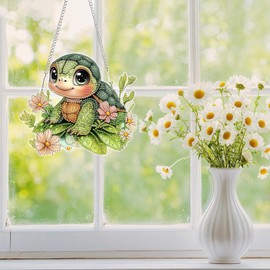 Hanging Diamond Art Kits for Adults Beginners, Turtle Flower Diamond Painting Pendant Kit, DIY Acrylic 5D Special Shaped Crystal Diamond Gem Art Painting Hanging Ornament for Home Wall Decor