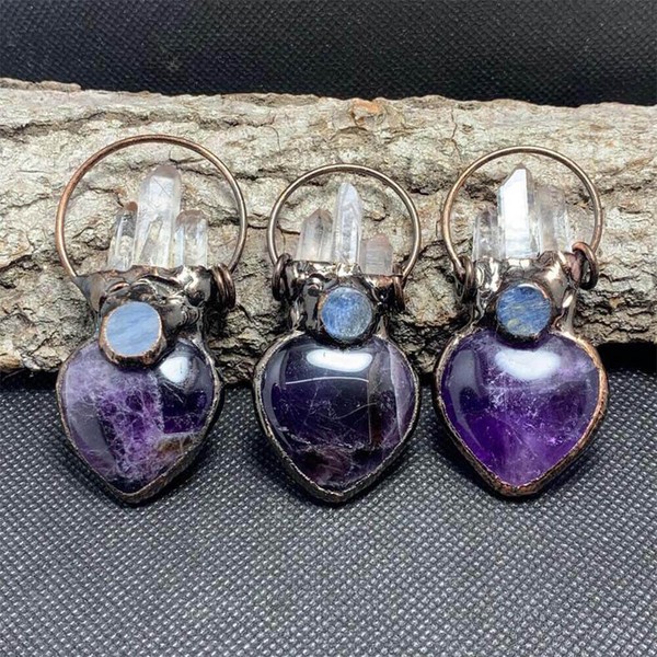 TEAMWILL 1PC Heart Natural Amethyst Crystal Pendant Clear Quartz Healing