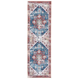 SAFAVIEH Tucson Collection Runner Rug - 2'6" x 14', Blue & Red, Persian Medallion Design, Non-Shedding Machine Washable & Slip Resistant Ideal for High Traffic Areas in Living Room, Bedroom (TSN102M)