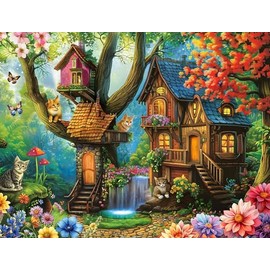 Majestic Value Brand 500 Piece Adult Puzzle of Cats Lounging Outdoors Near a Treehouse
