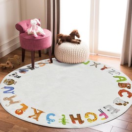 4ft Round Kids Play Rug, ABC Rug for Kids, Toddlers and Baby, Nursery Area Rug Soft Crawling Play Mat, Non Slip Alphabet Educational Rug for Children Playroom Classroom Bedroom Kids Room Decor