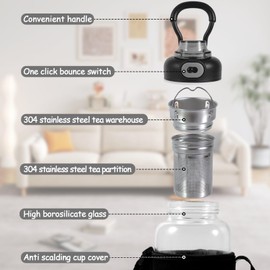 CHPINDAM 34oz Glass Water Bottle - Large Capacity drinking bottles, With Time Mark, Stainless Steel Tea Strainer,Sleeve, BPA Free,For hot or cold drinks, coffee, tea and water