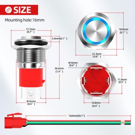 12V Latching Push Button Switch 20A Heavy Duty DC 12 Volt Waterproof Round Switch 16MM Metal Blue LED Ring Illuminated On Off Switch with Pre-Wired for Marine Boat Car Truck - 2Pack
