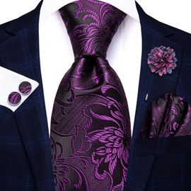 Hi-Tie Ties for Men Black Red Green Pink Mens Ties Set Silk Necktie and Pocket Square Flower Lapel Pin for Wedding, Purple and Black