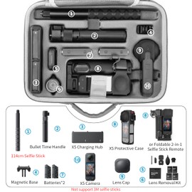 Carrying Case for Insta360 X5 Dual Travel Bag X5 Accessories Compatible with Fast Charge Hub Bullet Time Handle, 114CM Selfie Stick, For Insta 360 Foldable 2 in 1 Selfie Stick/FOMO Power Handle