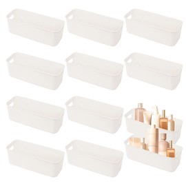 Keboyoe 10 Pcs White Plastic Storage Baskets Small Storage Baskets Plastic Baskets for Storage with Handles Mini Storage Boxes Rectangle for Shelves Kitchen Office Bathroom and Home(26.7 x 9.5 x 9 cm)