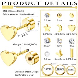 Kakonia Small Tiny Stud Earrings for Women Men Stainless Steel Stud Earrings Sets CZ Heart Moon Star Flatback Earrings Cartilage Hoop Earrings Gold Plated